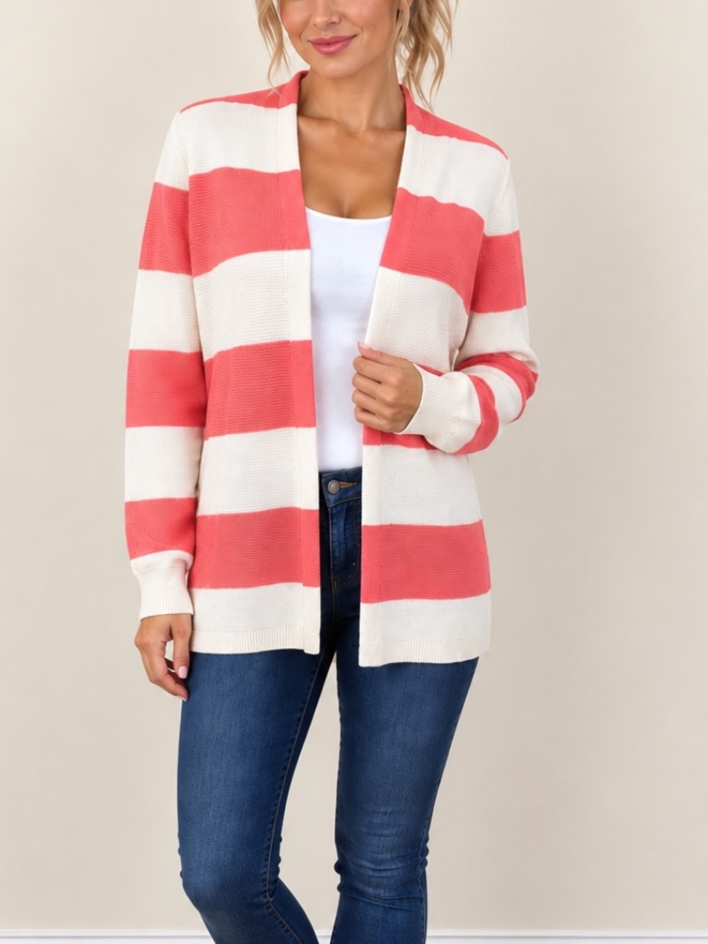 Cyrus Pink Melon & White Wide Stripe Open Front Cardigan Sweater Size Small